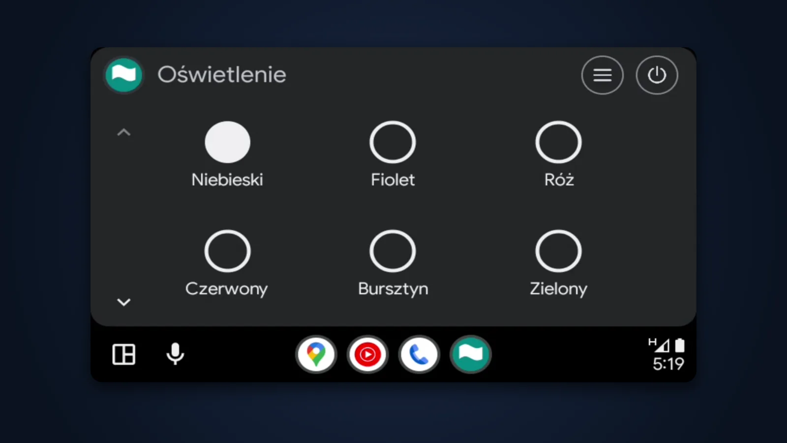 WireAmbi w Android Auto: siatka kolorów na ekranie auta (emulator Android Auto)