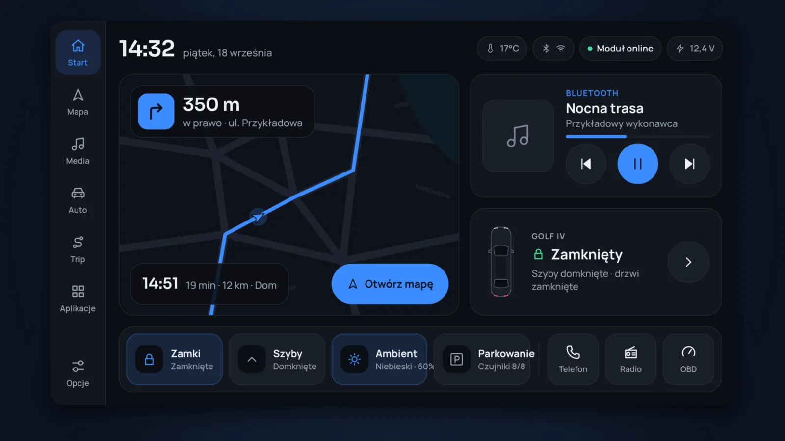 Ekran Start WireDrive z nawigacją, odtwarzaczem i kartą stanu Golfa IV