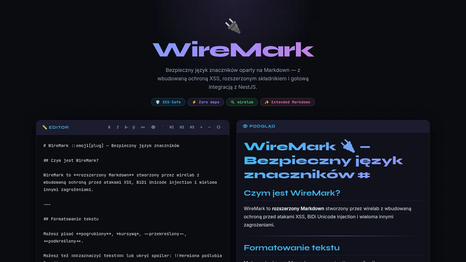 Demo WireMark: źródło w edytorze po lewej, bezpieczny HTML w podglądzie po prawej