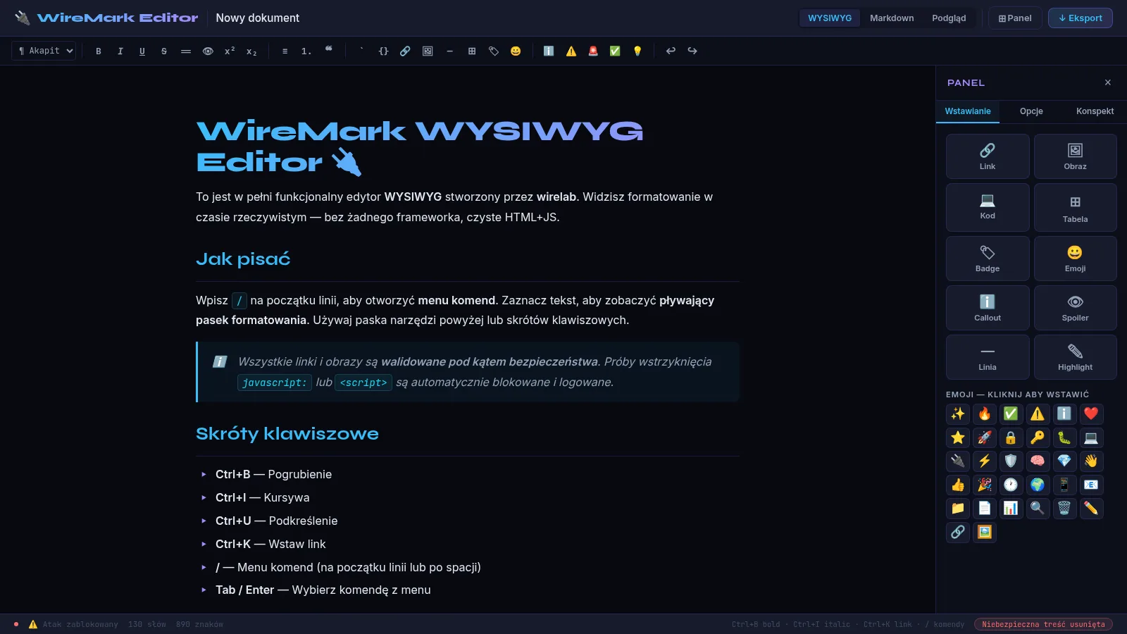 Edytor WYSIWYG WireMark z panelem wstawiania i wskaźnikiem bezpieczeństwa